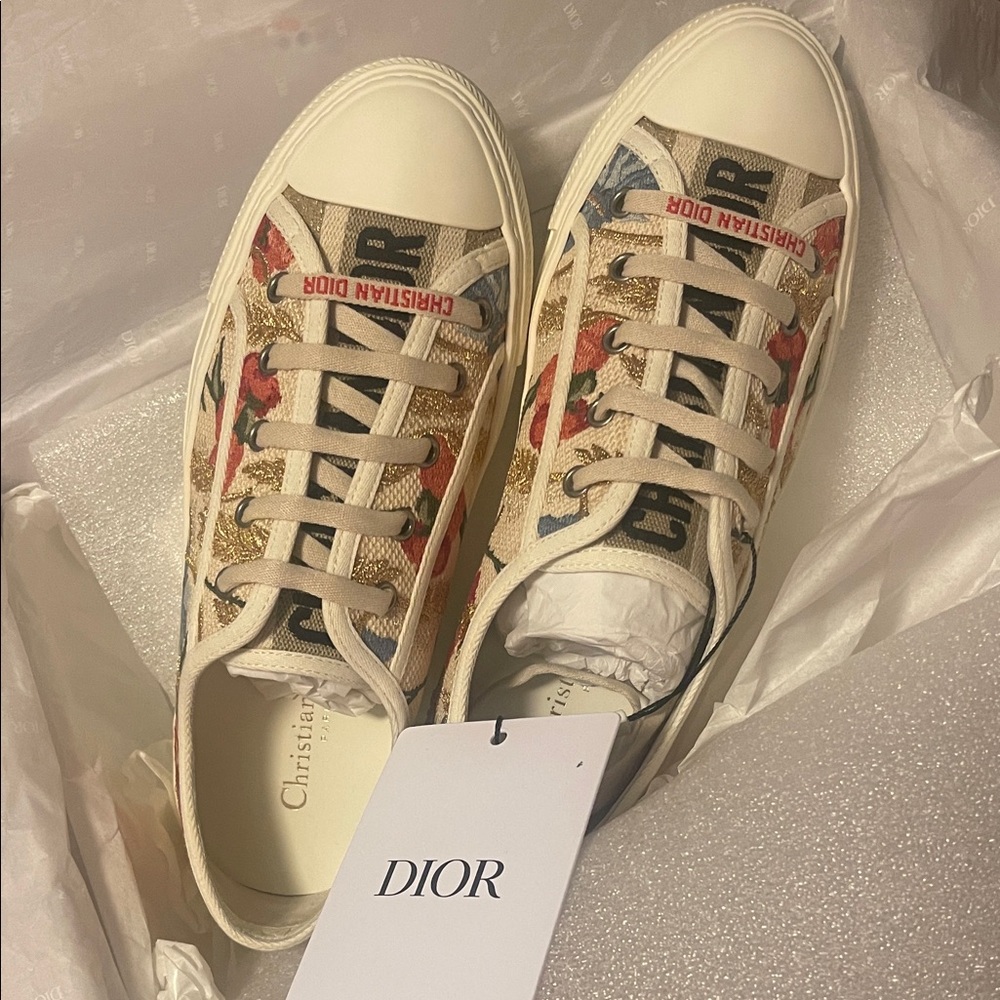 Dior Women's Beige and Red Canvas Sneakers